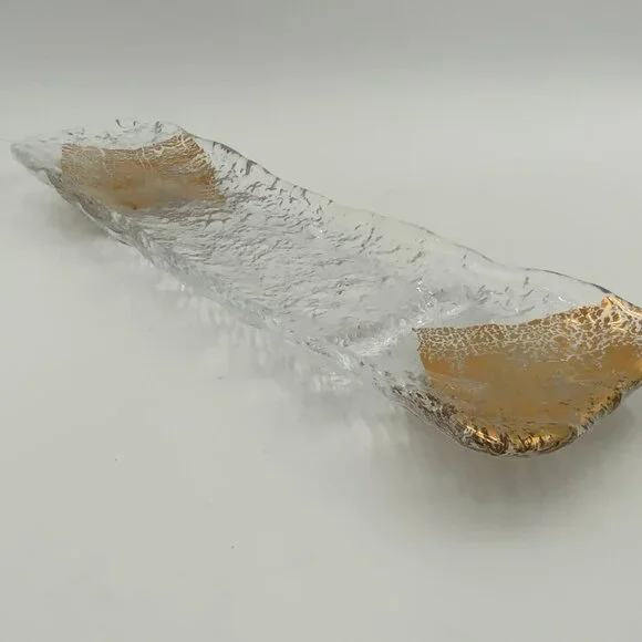 Handmade Unique Texture 16" Gold Leaf Rectangular Glass Platter Made in Japan - Picture 6 of 7